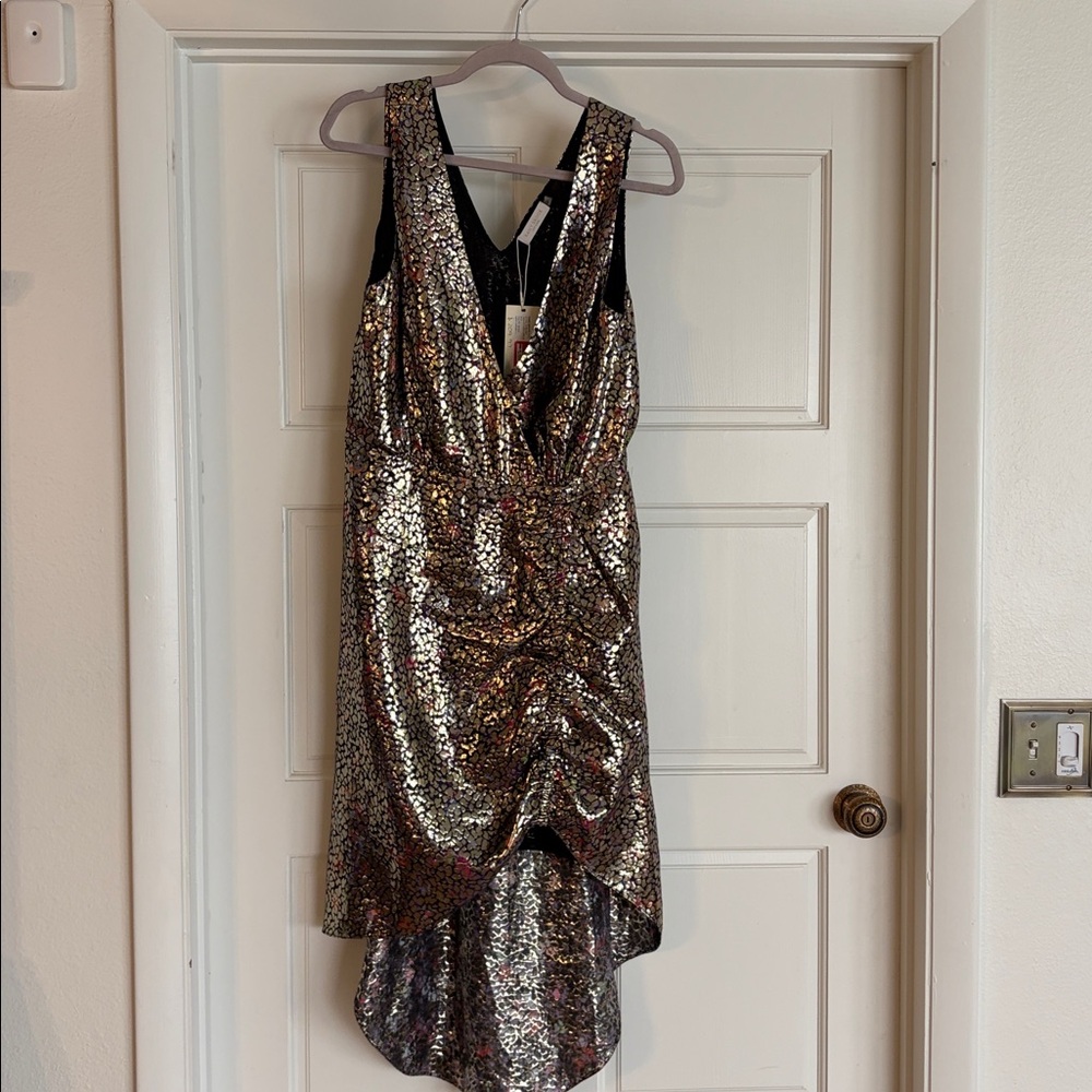 RAMY BROOK Eden Gold Metallic Silk Blend Sleeveless Tulip Hem Dress L NWT